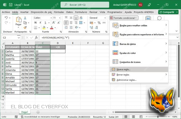 Calcular edades y contar cantidad de personas de determinada edad con Excel